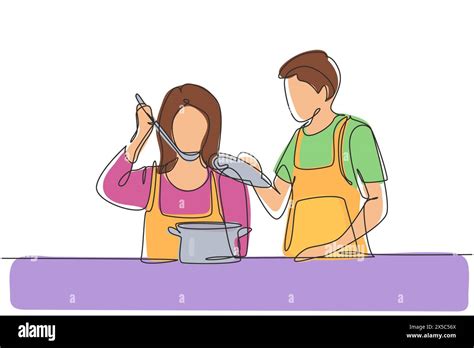 Single Continuous Line Drawing Handsome Husband Holding Pan Lid And His