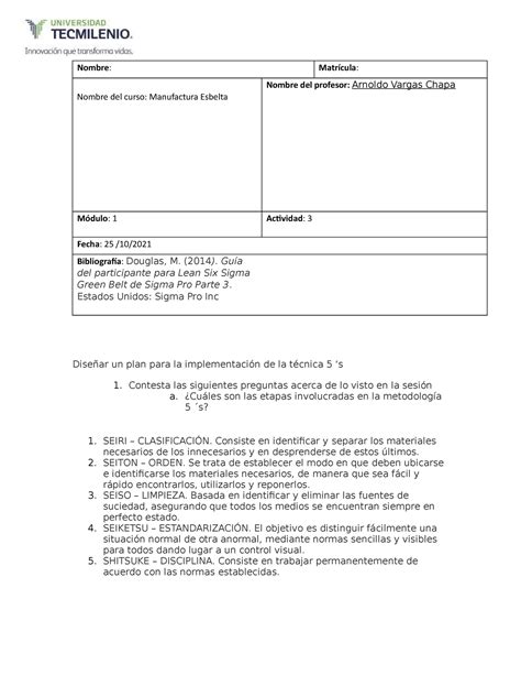 Actividad Manufactura Esbelta Nombre Matr Cula Nombre Del Curso