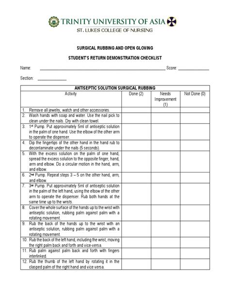 Checklist For Retdem Handrubbing And Open Gloving 1 Pdf Hand Glove