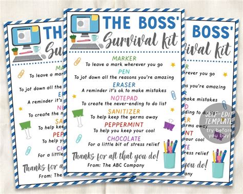 Boss Survival Kit Gift Tags Editable Template Boss Appreciation Day