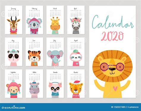 Calendar 2020. Cute Monthly Calendar with Woodland Animals Stock Vector ...