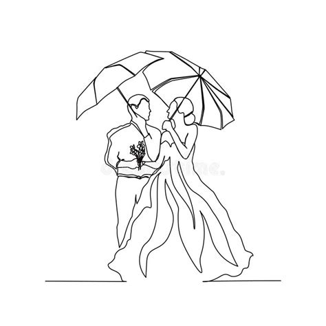 Continuous Line Drawing Of Wedding Couple Hanging Umbrella Single