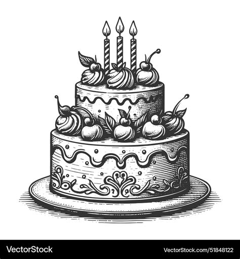 Birthday Cake Candles And Fruits Sketch Royalty Free Vector