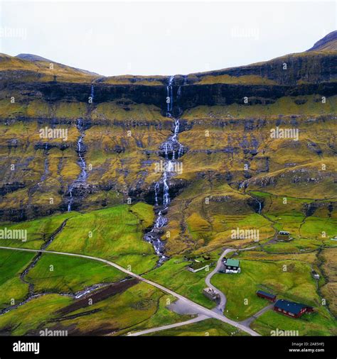 Aerial view of waterfalls in the village of Saksun on the Faroe islands Stock Photo - Alamy