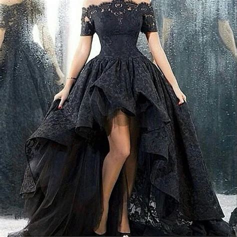 Off Shoulder High Low Black Lace Prom Dress 2015 Sexy Vestido De Festa