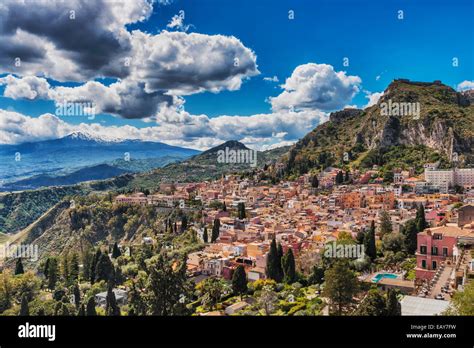 View On The Town Taormina And Mount Etna Province Messina Sicily