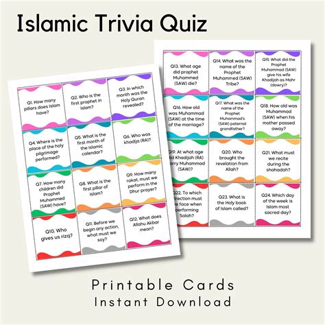 Islamic Trivia Questionnaire Game Printable Cards Islamic General