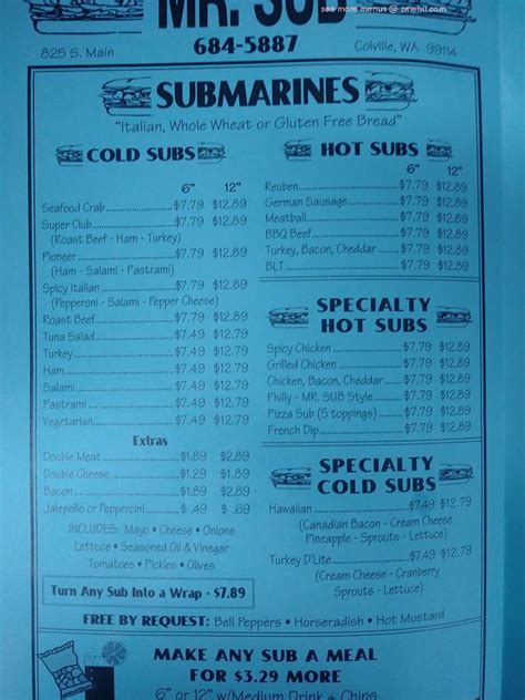 Menu at Mr. Sub pizzeria, Colville