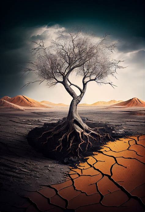 Lonely Dry Tree In The Desert AI Generated Stock Illustration