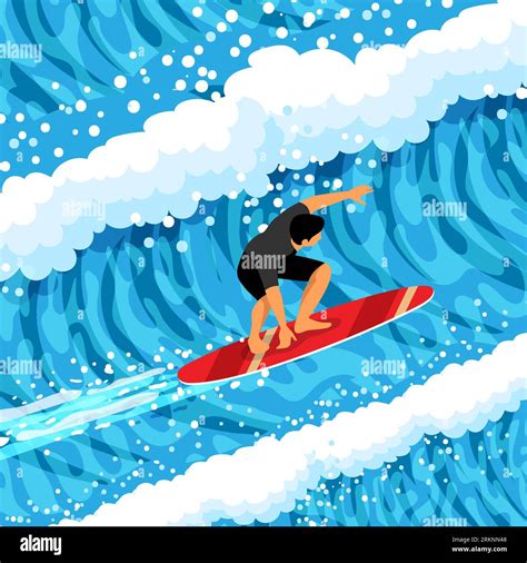 Surfing Isometric Vector Illustration With Male Athlet Character Riding