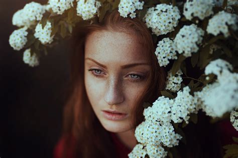 Blue Eyes Face Freckles Model Redhead White Flower Woman Wallpaper