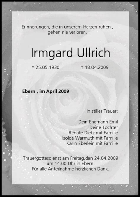 Irmgard Ullrich Traueranzeige Trauer Infranken De