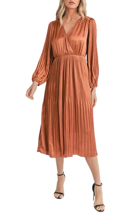 Mila Mae Pleated Long Sleeve Midi Dress Bronze Editorialist