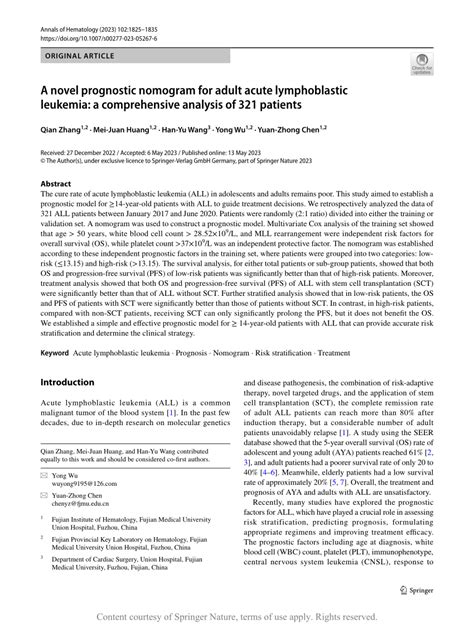 A Novel Prognostic Nomogram For Adult Acute Lymphoblastic Leukemia A