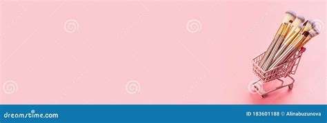 Cosmetic Products On Pink Background Horizontal Web Banner With Copy Space Mockup Template