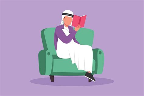 Graphic Flat Design Drawing Arab Man Reading Book Sitting In Armchair