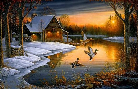 Winter Sunset Nic Glow Cottage Ducks Bonito Sunset Snowy Lights