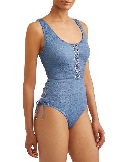 Womens Textured Lace Up One Piece Swimsuit