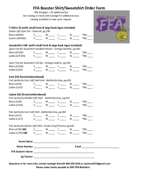 Fillable Online Cshs Ffa Booster Shirt Order Form Cloudfront Net Fax