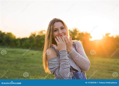 Beauty Sunshine Girl Portrait Happy Woman Smiling Sunny Summer Day Under The Hot Sun Stock