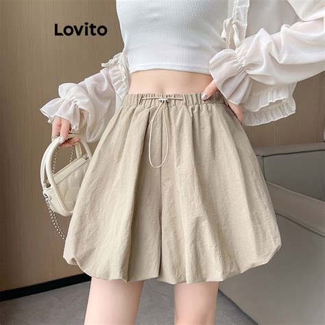 Lovito Casual Plain Drawstring Shorts For Women LNA30143 Khaki