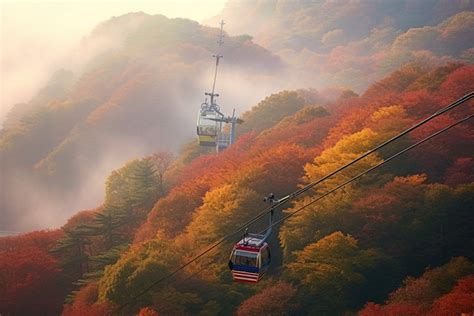 An Aerial Cable Car In A Tree Covered Mountainside Background Autumn