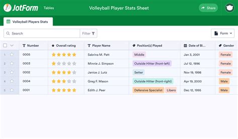 Volleyball Player Stats Sheet Template | JotForm Tables