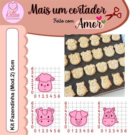 Kit Fazendinha Mod 2 Cortador De Biscoito C Carimbo 5cm