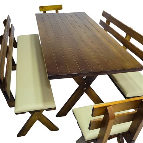 Mesa De Churrasco 4 Bancos De Madeira Estofados Nude Imbuia