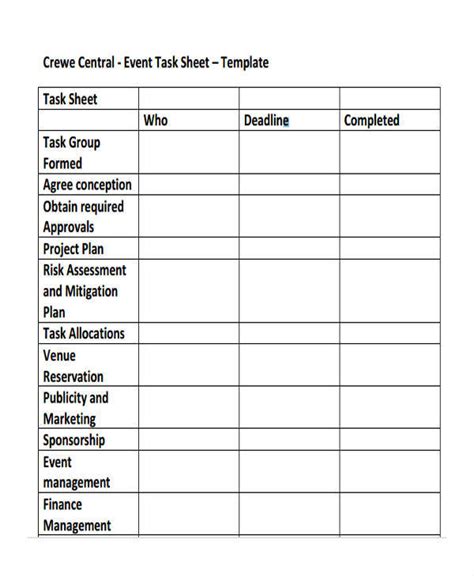 Free Task Sheet Samples Templates In Pdf Ms Word