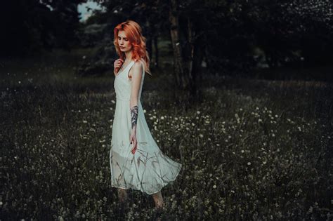 Women Outdoors Women Redhead Model Dyed Hair White Dress Field