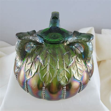 Antique Northwood Leaf And Beads Green Carnival Glass Rose Bowl Sunflower Int Carnival Glass