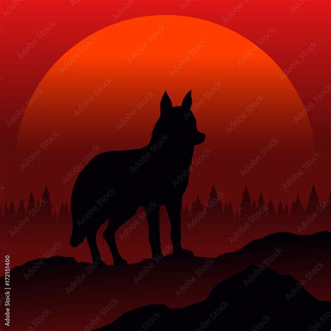 Wolf Silhouette At Sunset Vector Landscape Stock Vector Adobe Stock