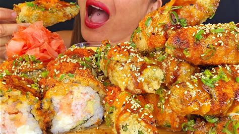 Fried Crunchy Giant Sushi Jalape O Poppers Asmr Mukbang Omad Big