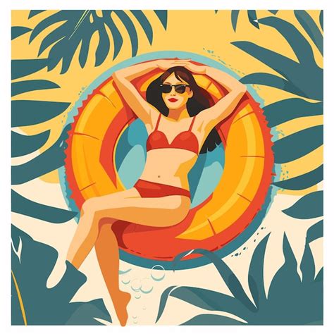 Una Mujer En Un Bikini Amarillo Se Sienta En Un Sombrero De Sol En Una