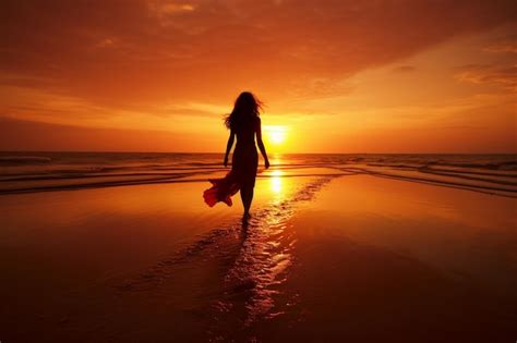 Premium AI Image | walking girl silhouette on beach sunset