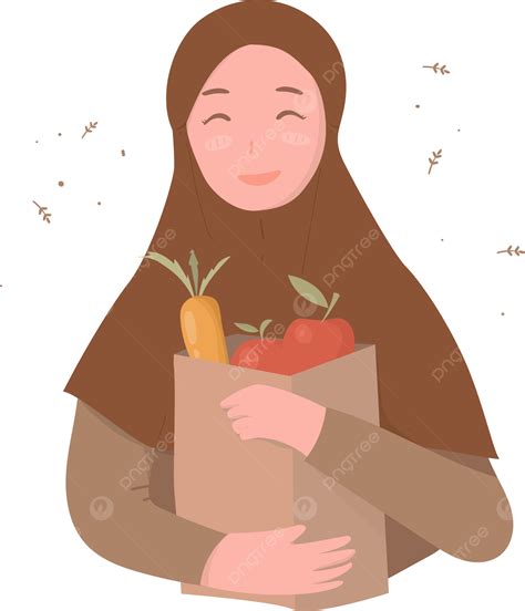 라마단 동안 과일 가방을 들고 Hijab에 무슬림 소녀 히잡 질밥 무슬림 Png 일러스트 및 벡터 에 대한 무료 다운로드