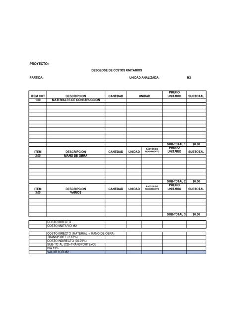 Hoja De Costos Unitarios Pdf