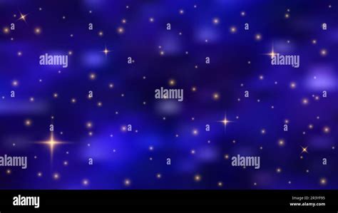 Golden Stars Lights On Nighty Sky Horizontal Space Background With