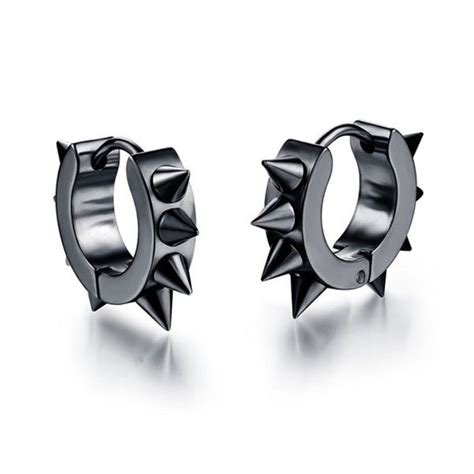 Mens Stainless Steel Spiky Spikes Surgical Punk Huggie Hoop Earrings