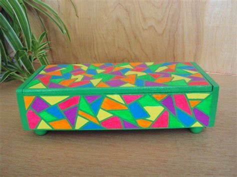 Hand Painted Pencil Box Stained Glass Look Geometric Shapes Decorative