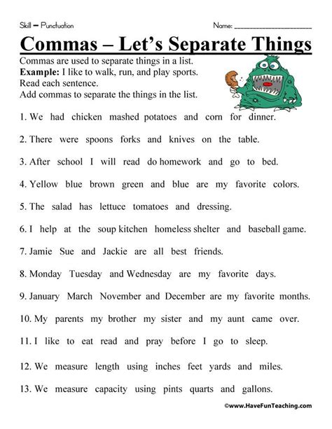 Free Printable Comma Worksheets