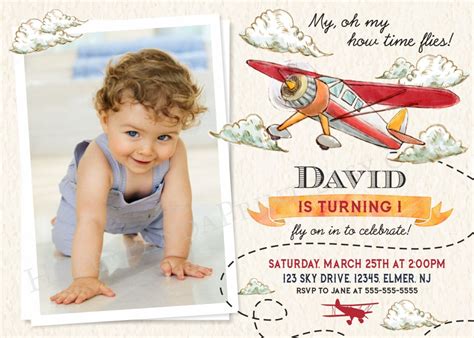 Airplane Birthday Invitation With Photo Retro Airplane Etsy