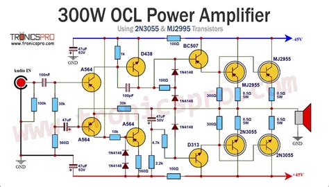 300w Ocl Amplifier Circuit Using 2n3055 Mj2955 Tronicspro