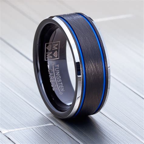 Metal Masters Mens Tungsten Carbide Black And Blue Textured Wedding Band Ring Comfort Fit 8mm 9