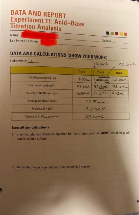 Solved Data And Report Experiment 11 Acid Base Titration