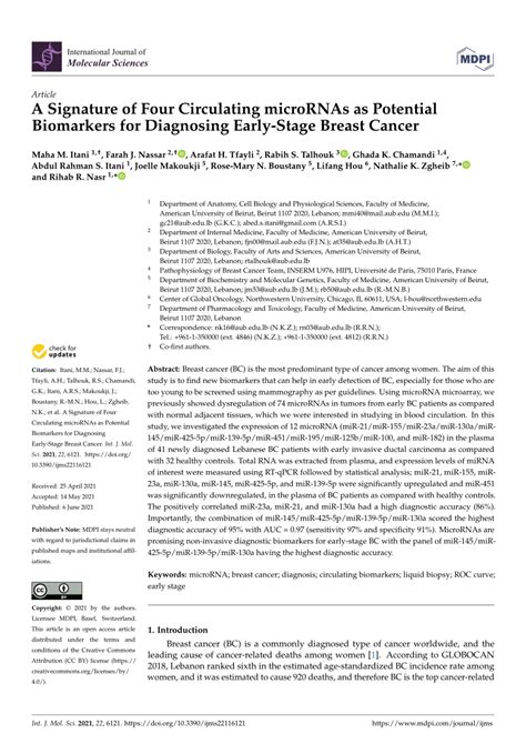 PDF A Signature Of Four Circulating MicroRNAs As Potential Biomarkers