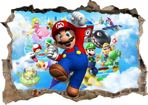 Super Smash Bros Mario Yoshi 3D Smashed Wall View Sticker Poster