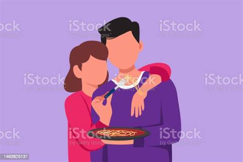 Character Flat Drawing Romantic Woman Feeding Husband With Italian