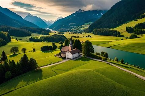 Uma Pequena Igreja Em Um Vale Verde Cercado Por Montanhas Foto Premium